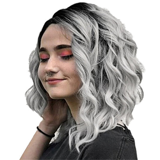 Gradient Gray Side Parting Curly Wig Women Shoulder Length Cosplay Hairpiece