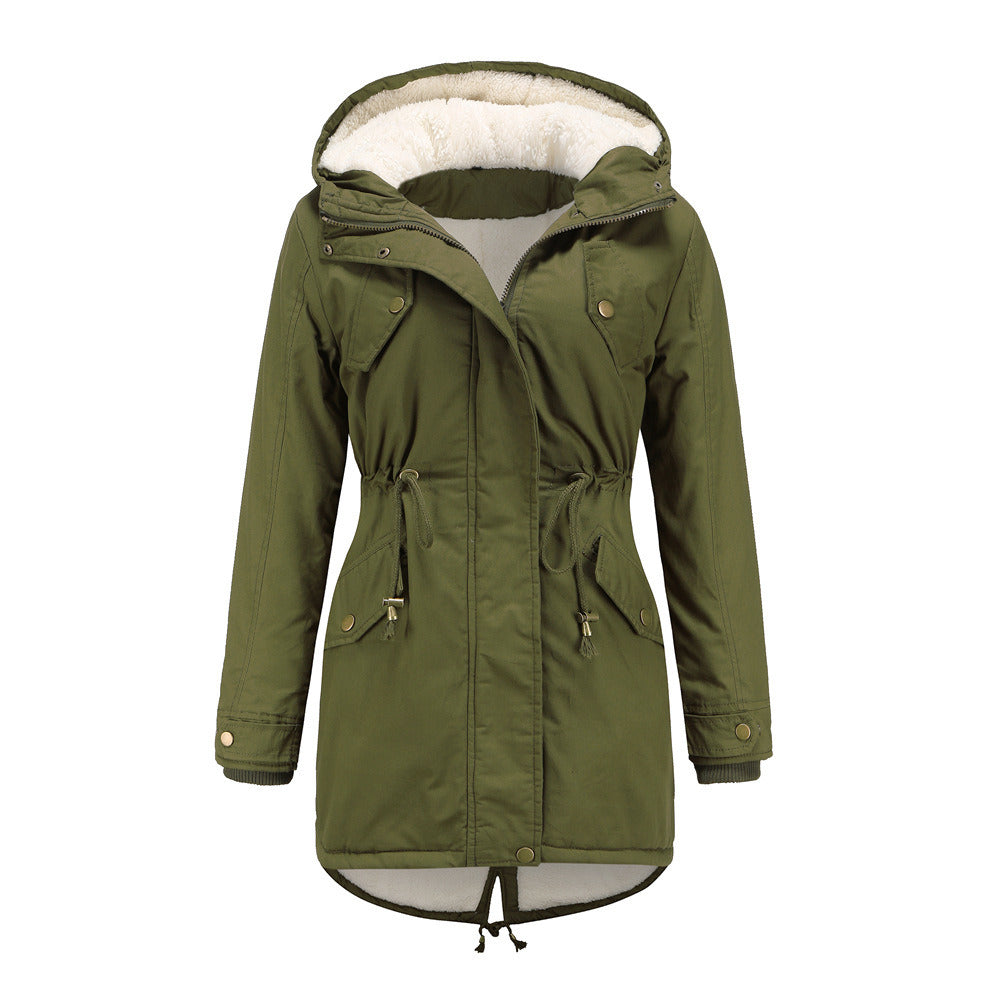 Women Fleece Coat Drawstring Hooded Cotton Jacket