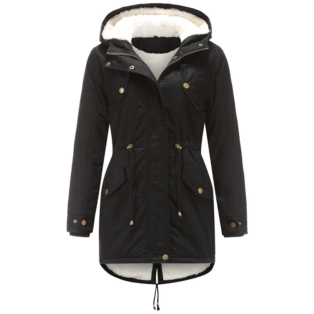Women Fleece Coat Drawstring Hooded Cotton Jacket