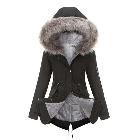 Women Drawstring Hooded Fleece Cotton Coat Outdoor