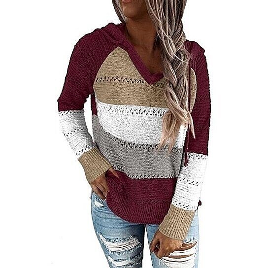 Women Striped Rainbow Round Neck Long Sleeved Sweater Pullover