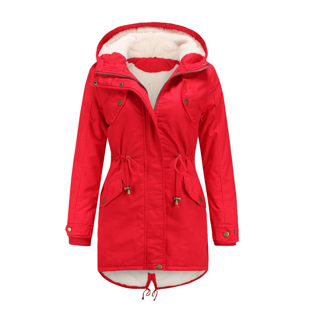 Women Fleece Coat Drawstring Hooded Cotton Jacket