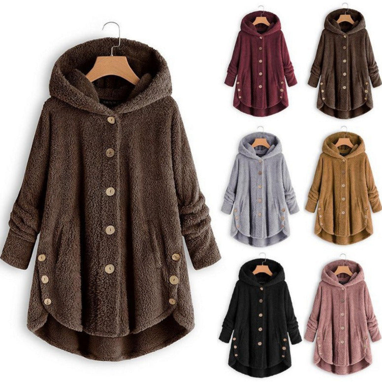 Women Cozy Hooded Sherpa Hem Button Fleece Sweater Coat