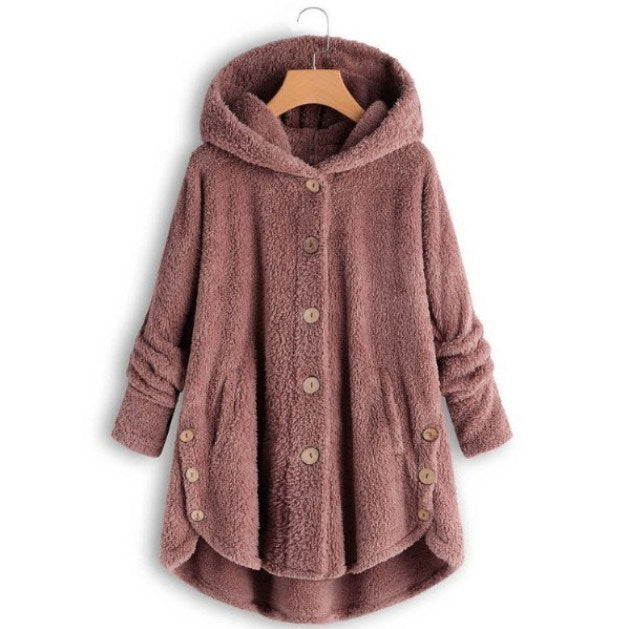 Women Cozy Hooded Sherpa Hem Button Fleece Sweater Coat
