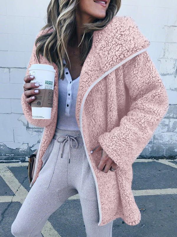 Women Curved Hem Longline Faux Fur Sherpa Fleece Coat