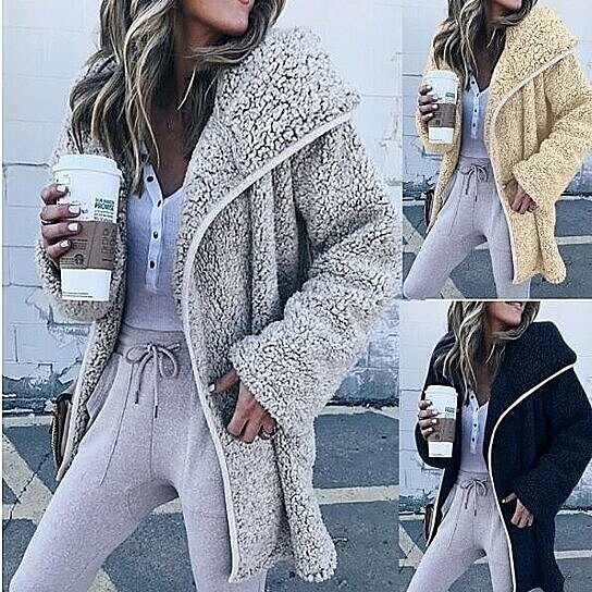 Women Curved Hem Longline Faux Fur Sherpa Fleece Coat
