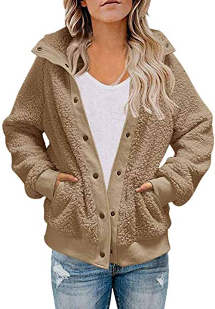 Women Lapel Button Fleece Sherpa Sweater Jacket