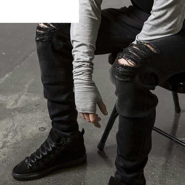 Men Stretch Destroyed Ripped Black Jeans Pant