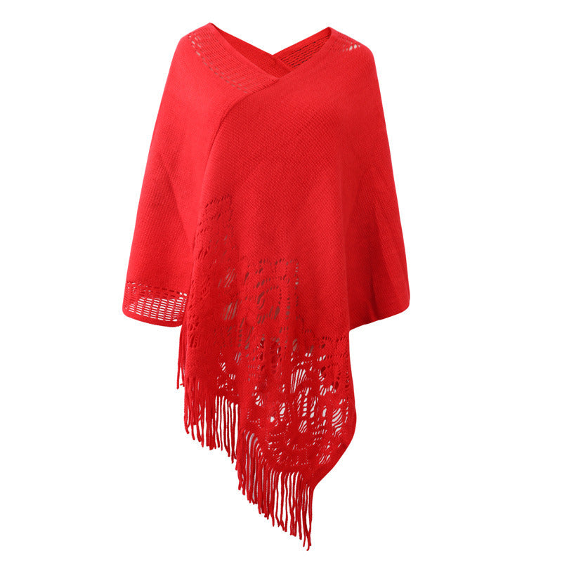 Women Hollow Cloak Fringed Knitted Shawl Sweater