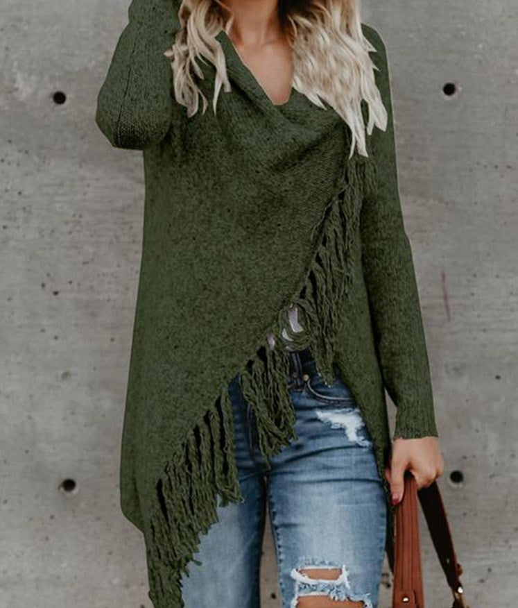 Women's Tassel Hem Sweater Long Cardigan Knitwer Pullover Poncho Coat