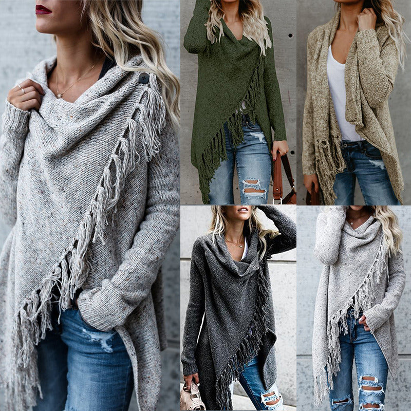 Women's Tassel Hem Sweater Long Cardigan Knitwer Pullover Poncho Coat