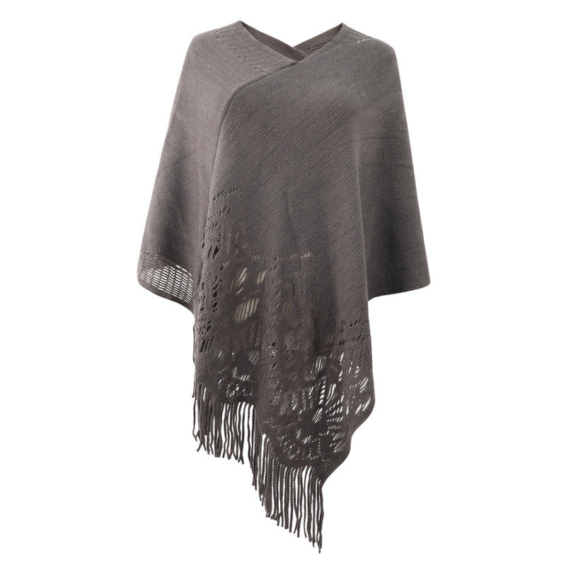 Women Hollow Cloak Fringed Knitted Shawl Sweater