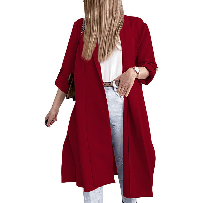 Women's Cardigan Three-quarter Sleeve Lapel Open Slit Long Coat Trench Jacket