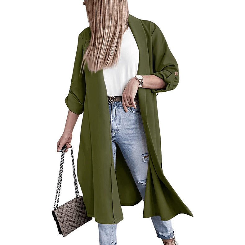 Women's Cardigan Three-quarter Sleeve Lapel Open Slit Long Coat Trench Jacket