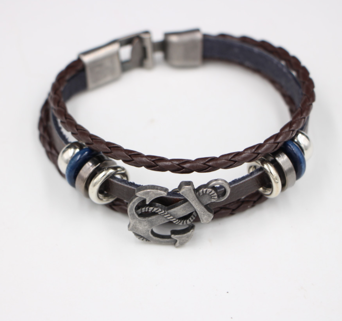 Punk Hand Braided Leather Anchor Bracelet Men's Bracelet