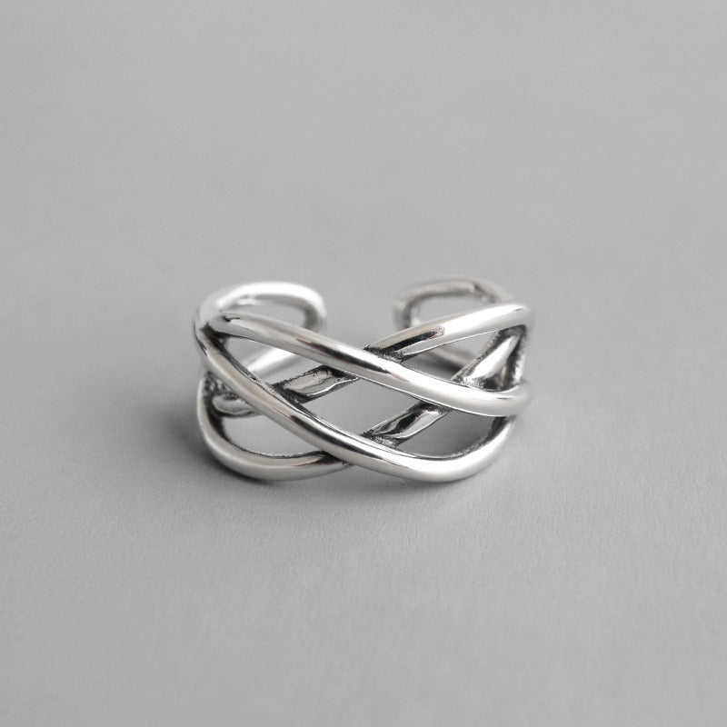 Vintage Lines Cross Twisted 925 Sterling Silver Adjustable Ring