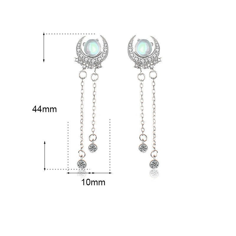 Elegant Natural Moonstone CZ Crescent Moon Star 925 Sterling Silver Dangling Earrings