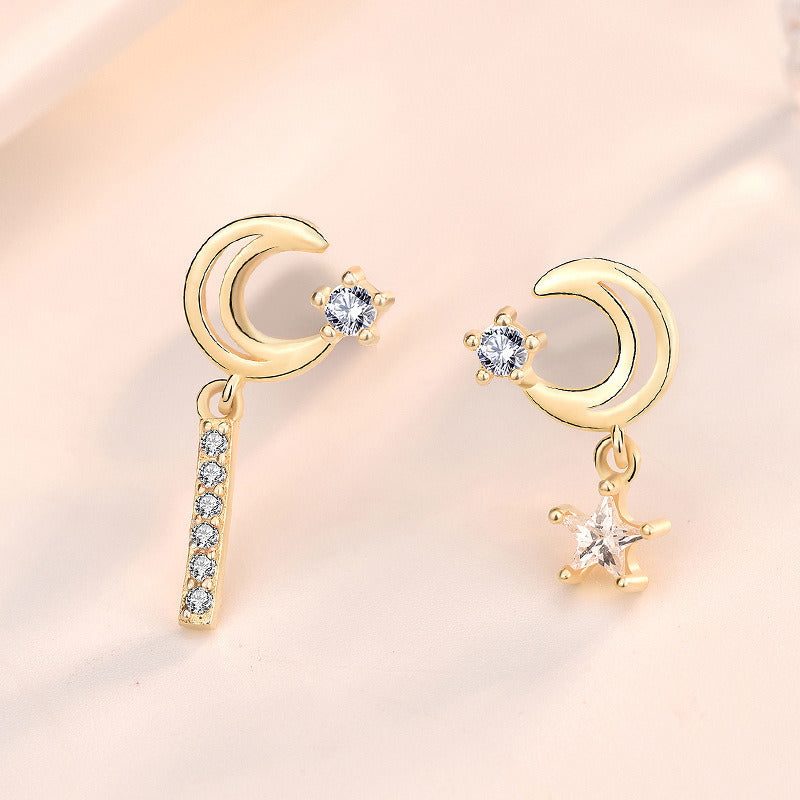 Asymmetry CZ Stars Crescent Moon New 925 Sterling Silver Dangling Earrings
