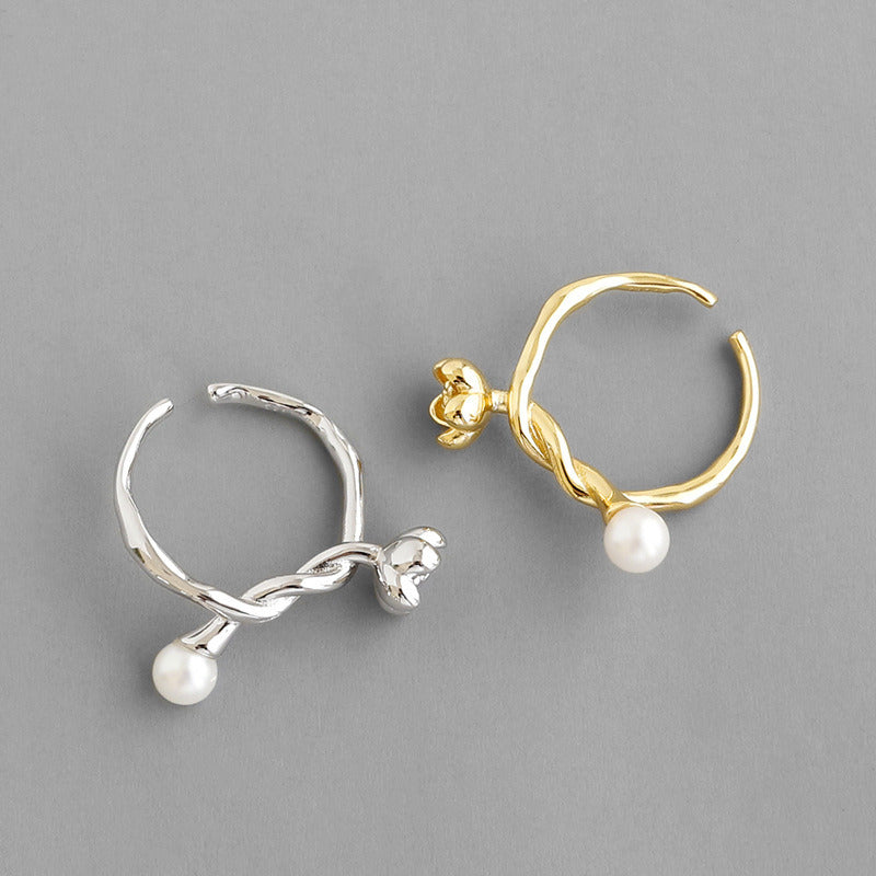 Women Shell Pearl Flower Knot 925 Sterling Silver Adjustable Ring