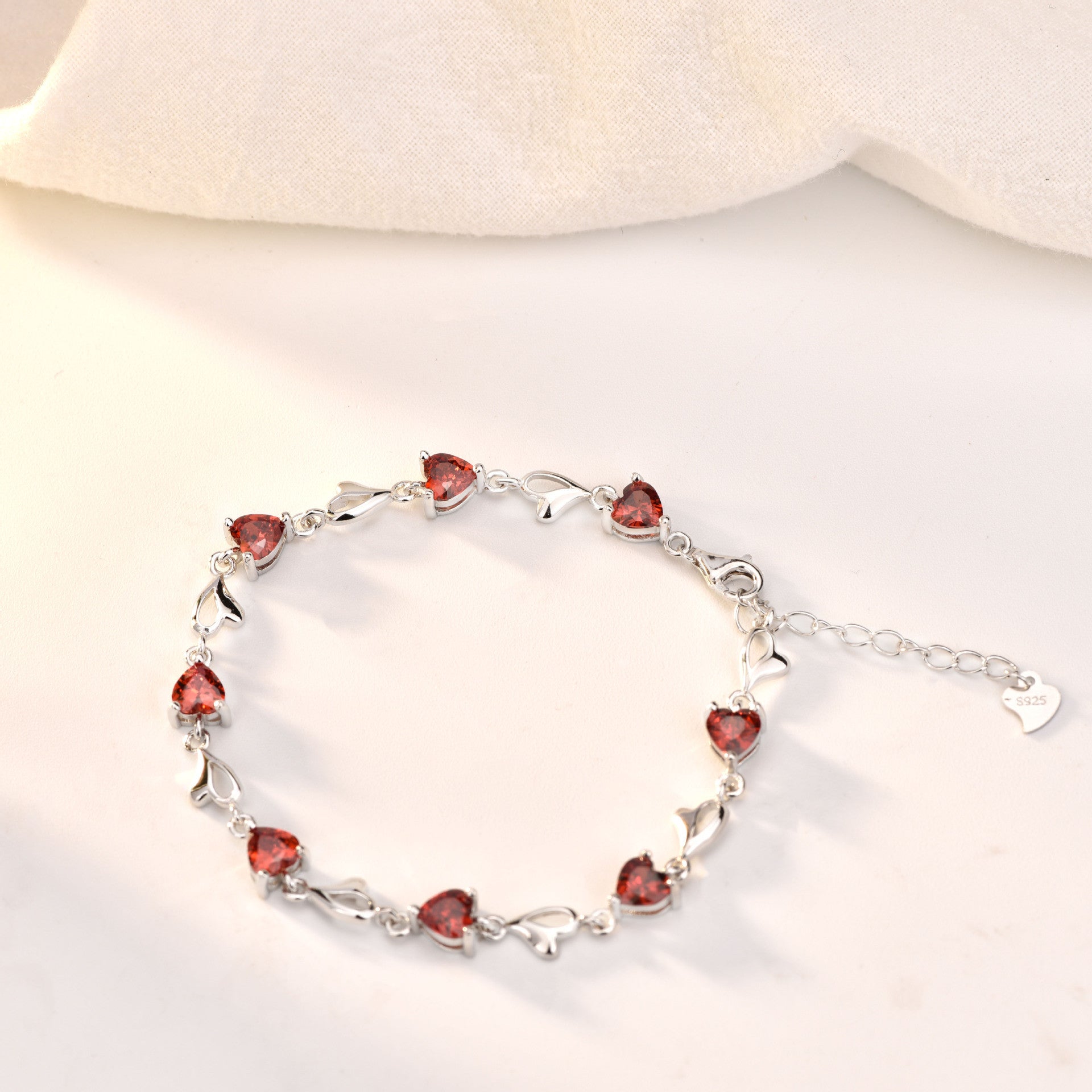 Beautiful Red CZ Heart to Heart 925 Sterling Silver Bracelet