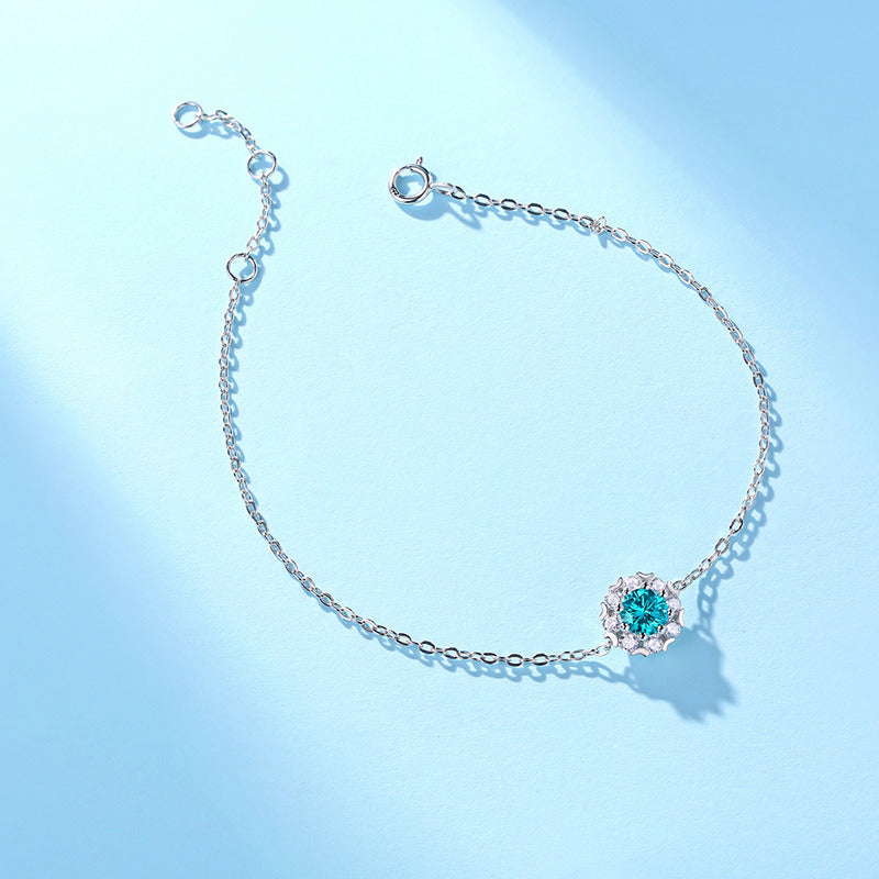 Bridesmaid Blue Moissanite CZ Flower 925 Sterling Silver Bracelet