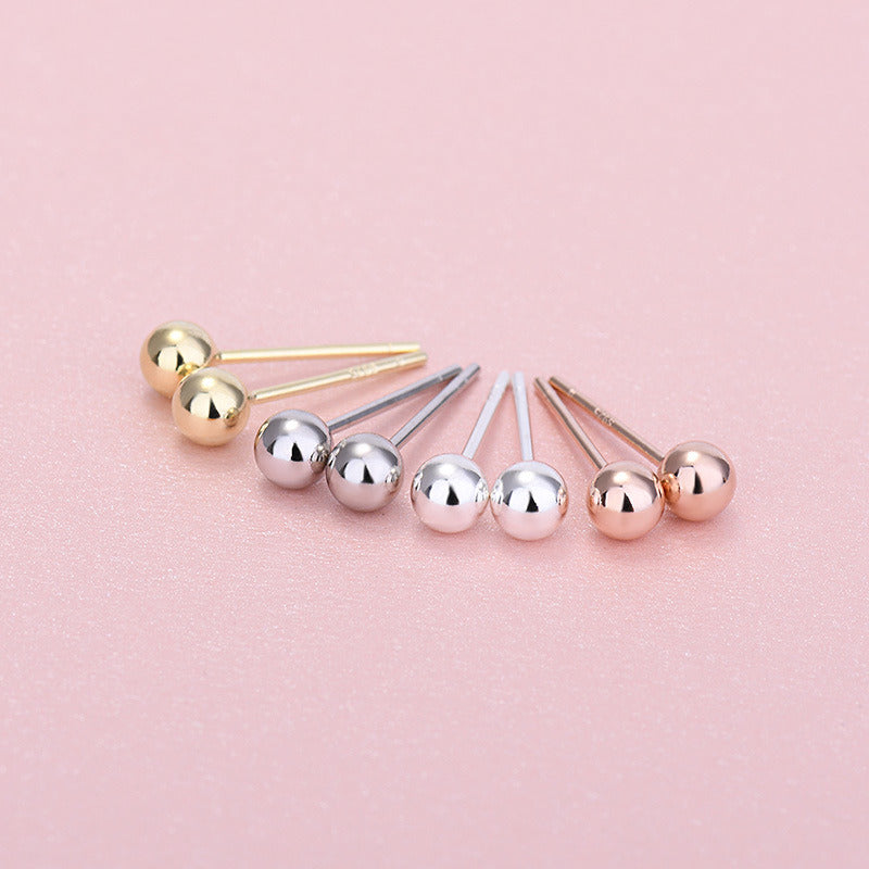 Women 3mm - 4mm Round Bean Ball 925 Sterling Silver Stud Earrins