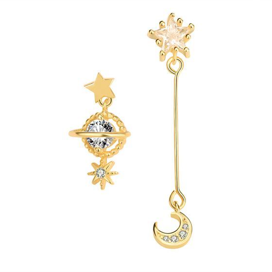 Asymmetry CZ Planet Crescent Moon Star 925 Sterling Silver Dangling Earrings