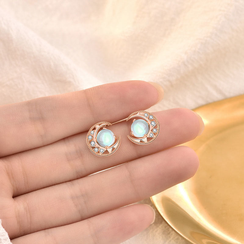 Women Natural Moonstone Star CZ Crescent Moon 925 Sterling Silver Stud Earrings