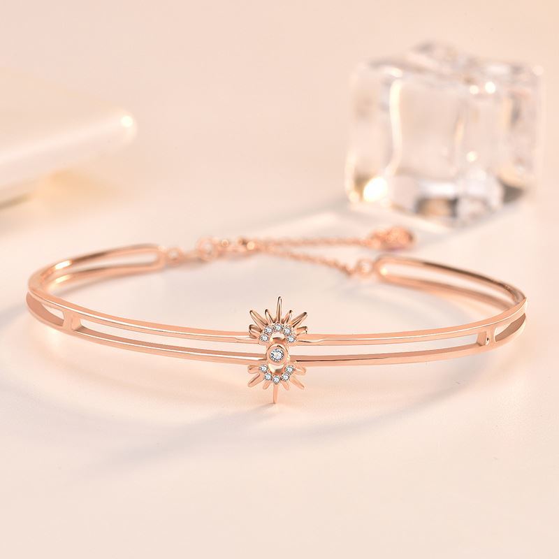 New Rose Gold CZ Sunflower 925 Sterling Silver Open Bangle