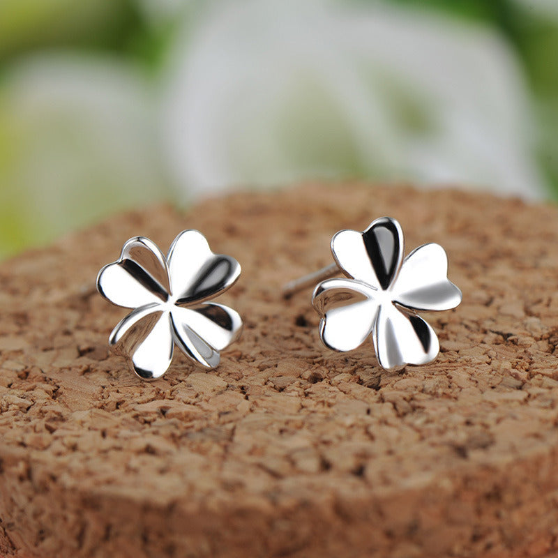 Cute Mini Four Leaf Clover 925 Sterling Silver Stud Earrings