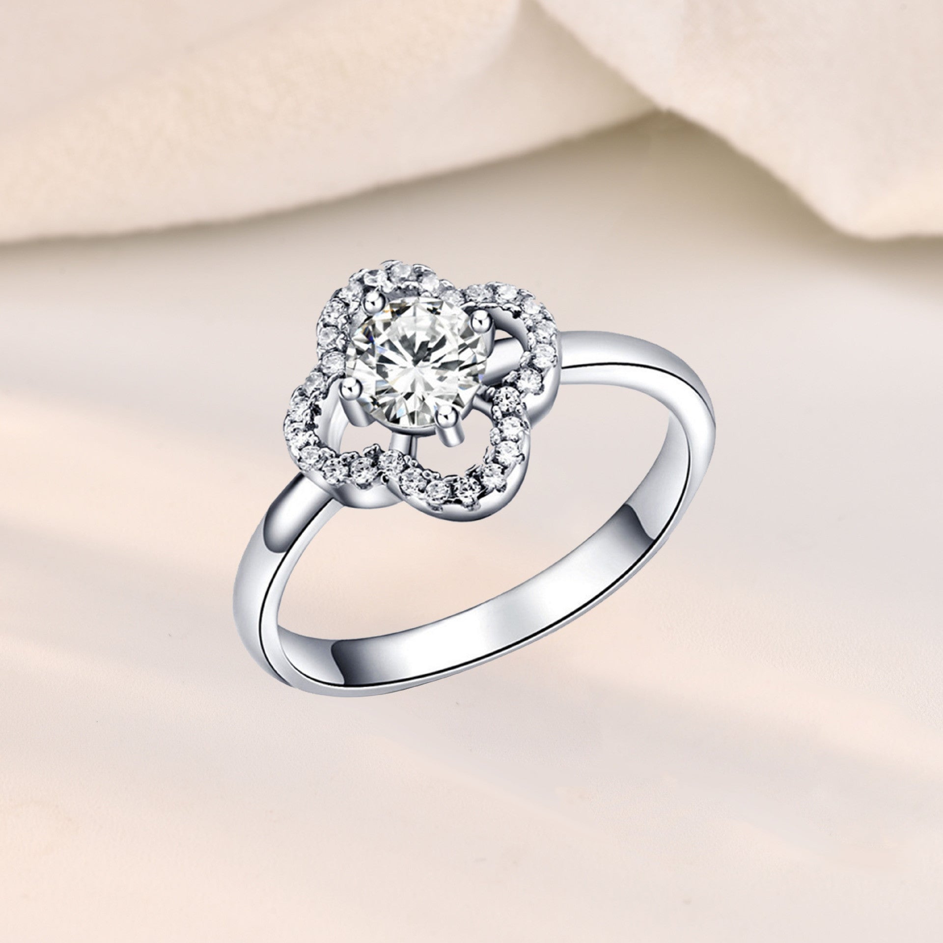 Elegant CZ Four Leaf Clover 925 Sterling Silver Adjustable Ring