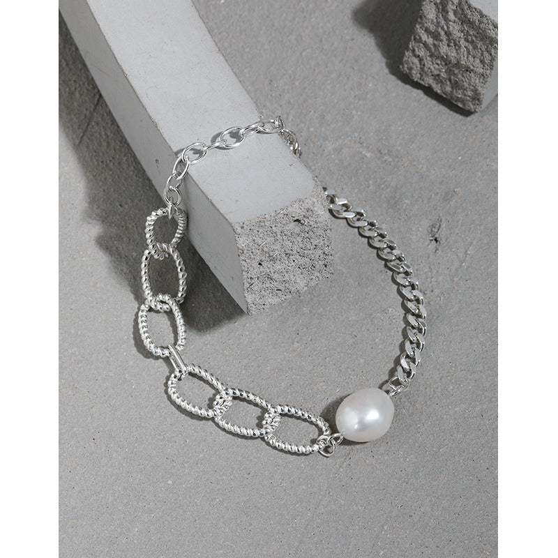 Asymmetry Chain Baroque Natural Pearl 925 Sterling Silver Bracelet