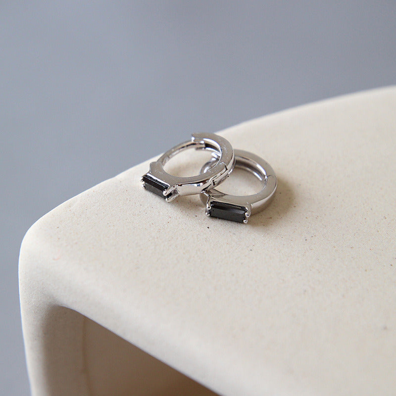 Simple Geometry Black CZ Rectangle 925 Sterling Silver Hoop Earrings