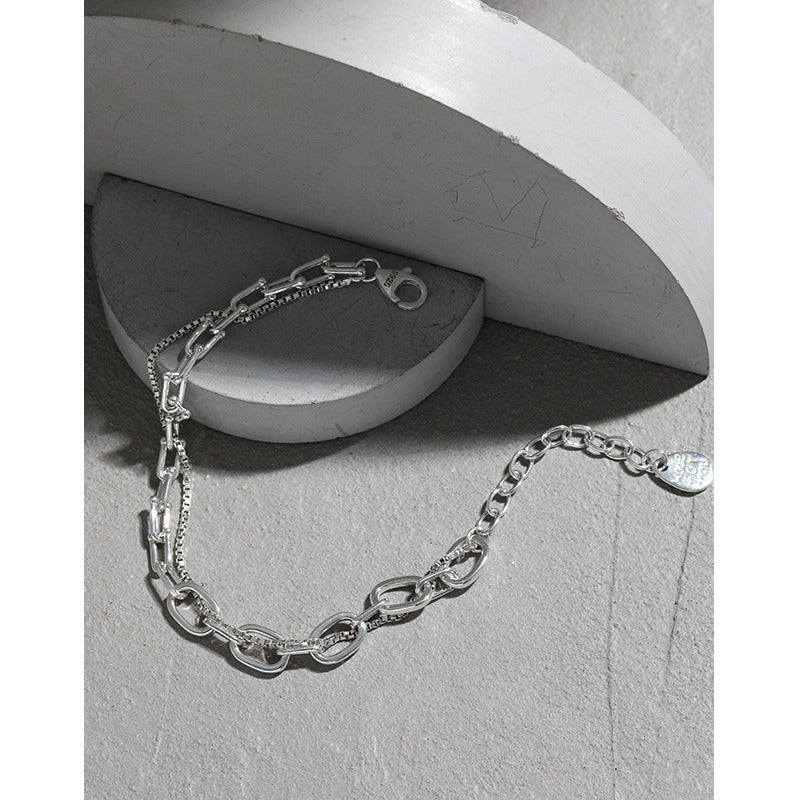 Fashion Double Layers Box Rolo Chain 925 Sterling Silver Bracelet