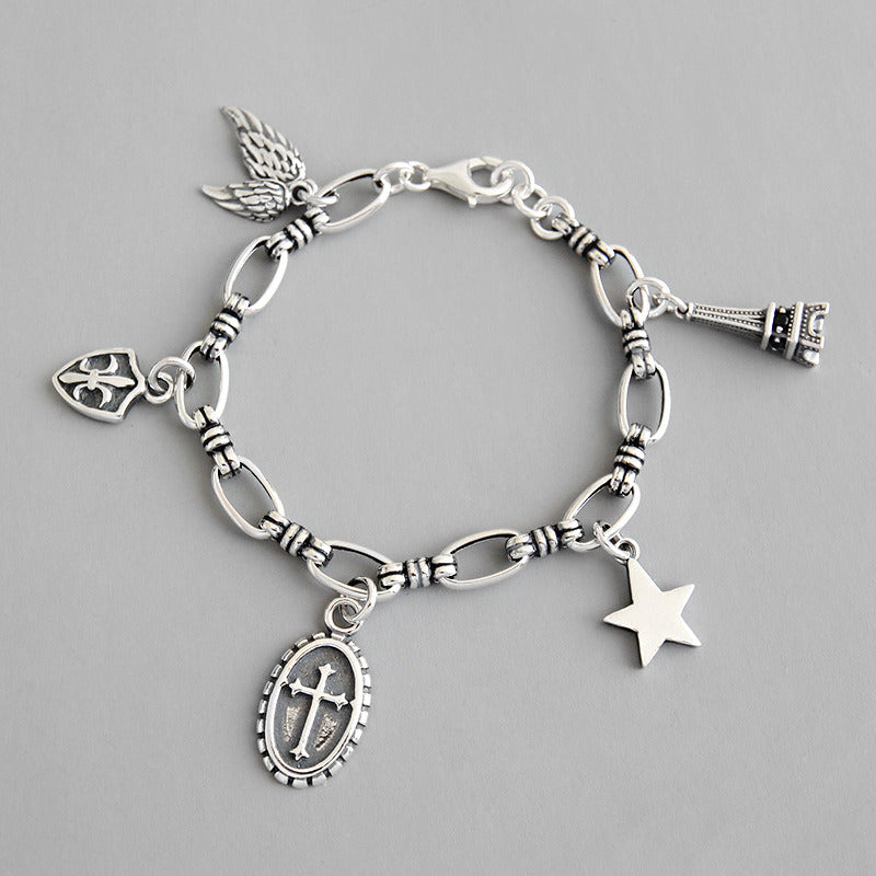 Vintage Cross Star Wings Eiffel Tower Shield 925 Sterling Silver Bracelet