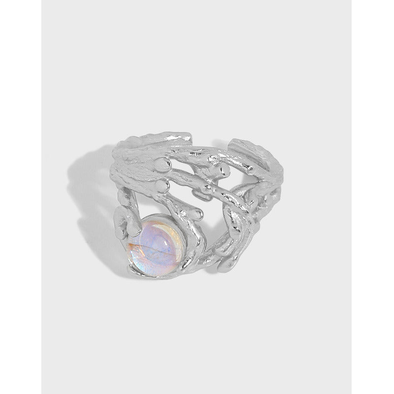 Fashion Irregular Branch Wide Round CZ 925 Sterling Silver Adjustable Ring