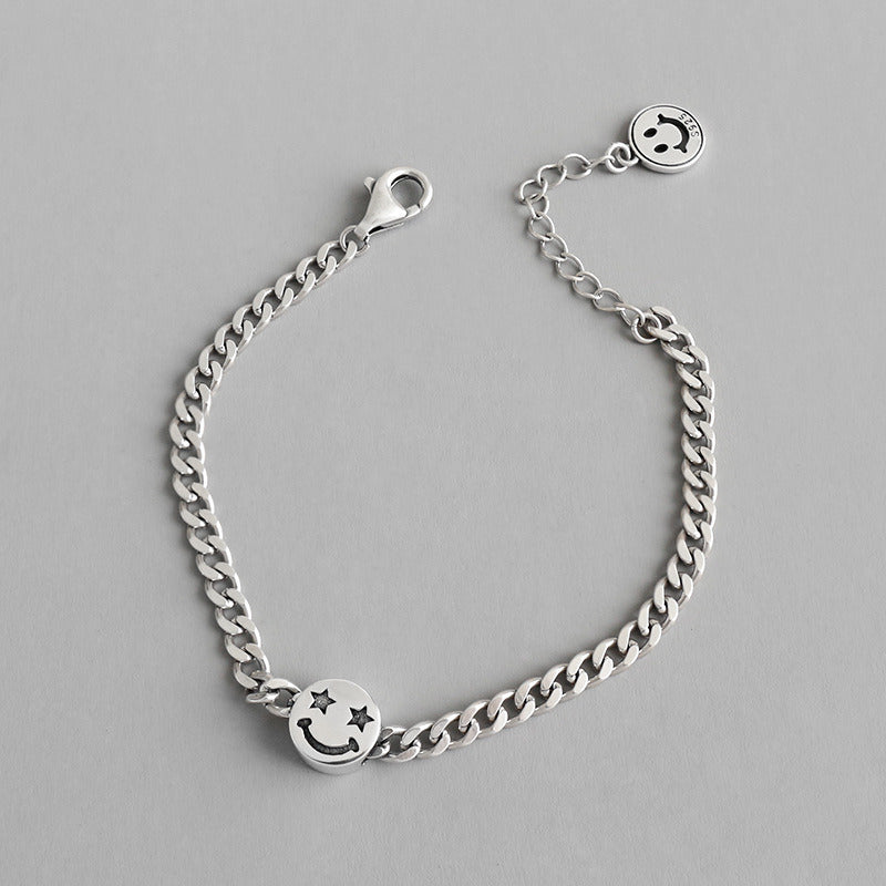 Vintage Star Smile Face Hollow Chain 925 Sterling Silver Bracelet