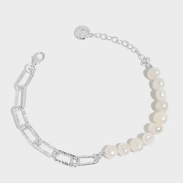 Girl Irregular Hollow Chain Natural Pearl 925 Sterling Silver Bracelet