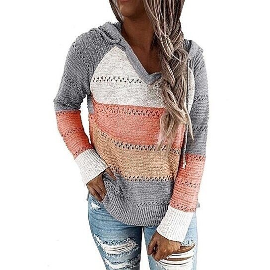 Women Striped Rainbow Round Neck Long Sleeved Sweater Pullover