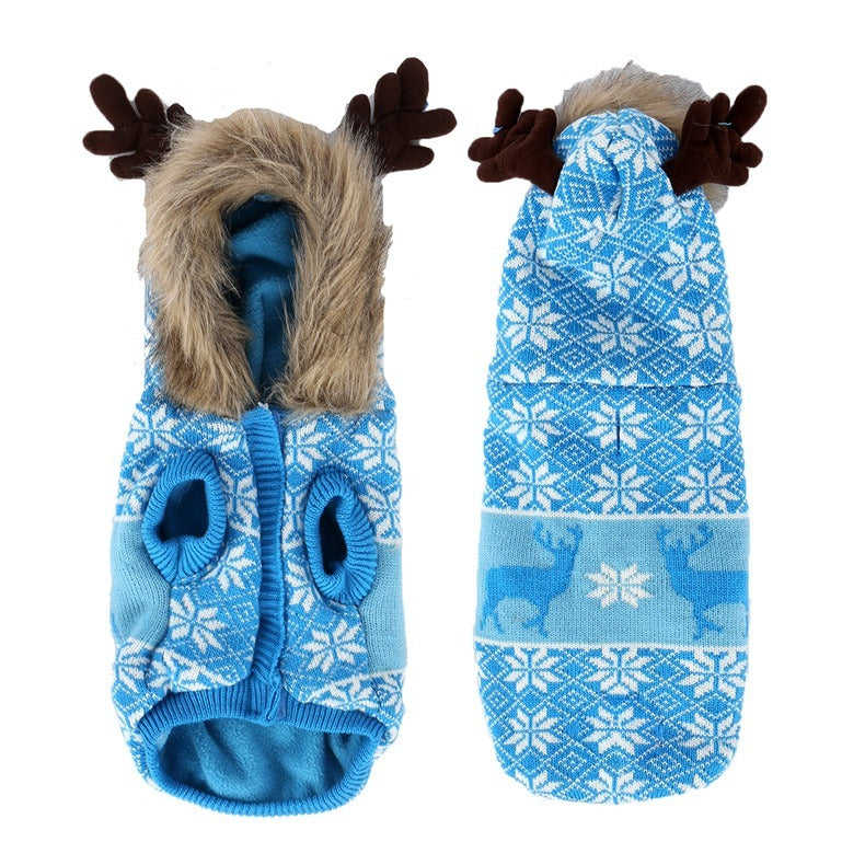 Pet Clothes Thickened Fur Collar Hat Christmas Antlers Snowflake Warm Pet Clothes