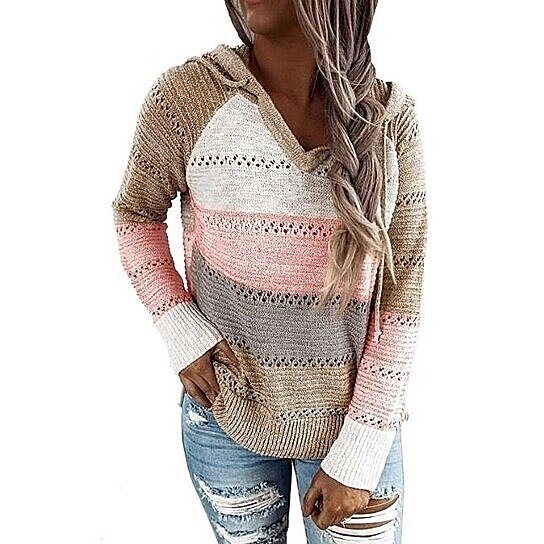 Women Striped Rainbow Round Neck Long Sleeved Sweater Pullover