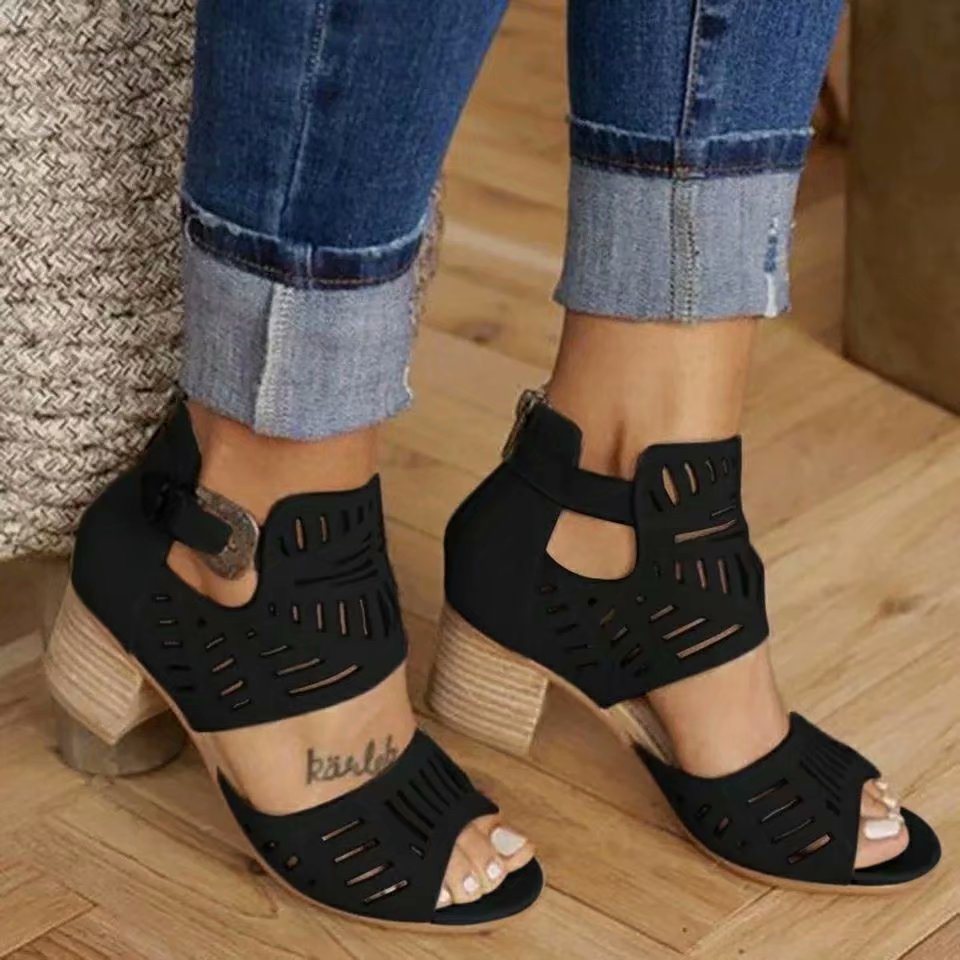 Cutout Carved Thick Heel Sandals in 4 Color Choices