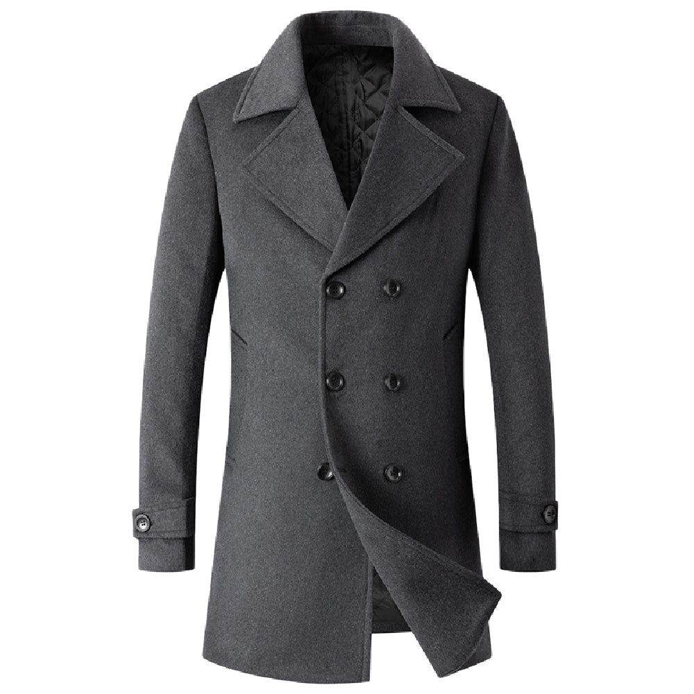 Men's Woolen Coat Double Breasted Lapel Mid Length Business Jacket Wool Coat