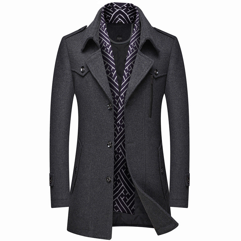 Men's Slim Fit Winter Warm Woolen Coat Business Jacket with Free Detachable Soft Touch Wool Scarf