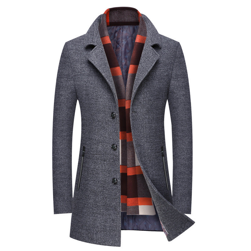 Men's Slim Fit Winter Warm Mid Long Woolen Coat Business Jacket