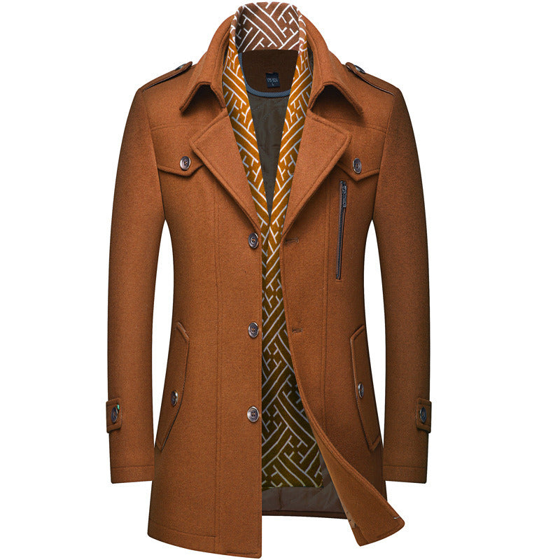 Men's Slim Fit Winter Warm Woolen Coat Business Jacket with Free Detachable Soft Touch Wool Scarf