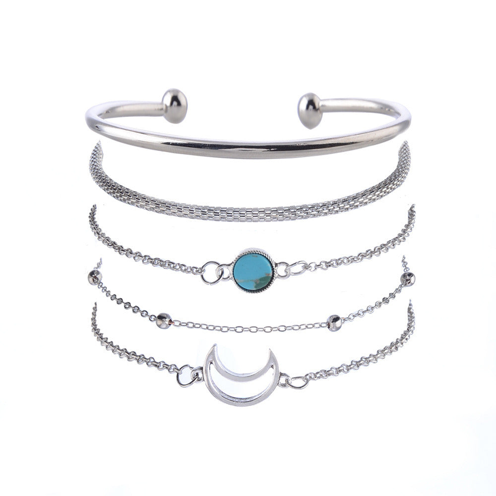 Simple Bracelet Set with Turquoise Personality Moon Bead Chain Bracelet 5 Piece Set Jewelry