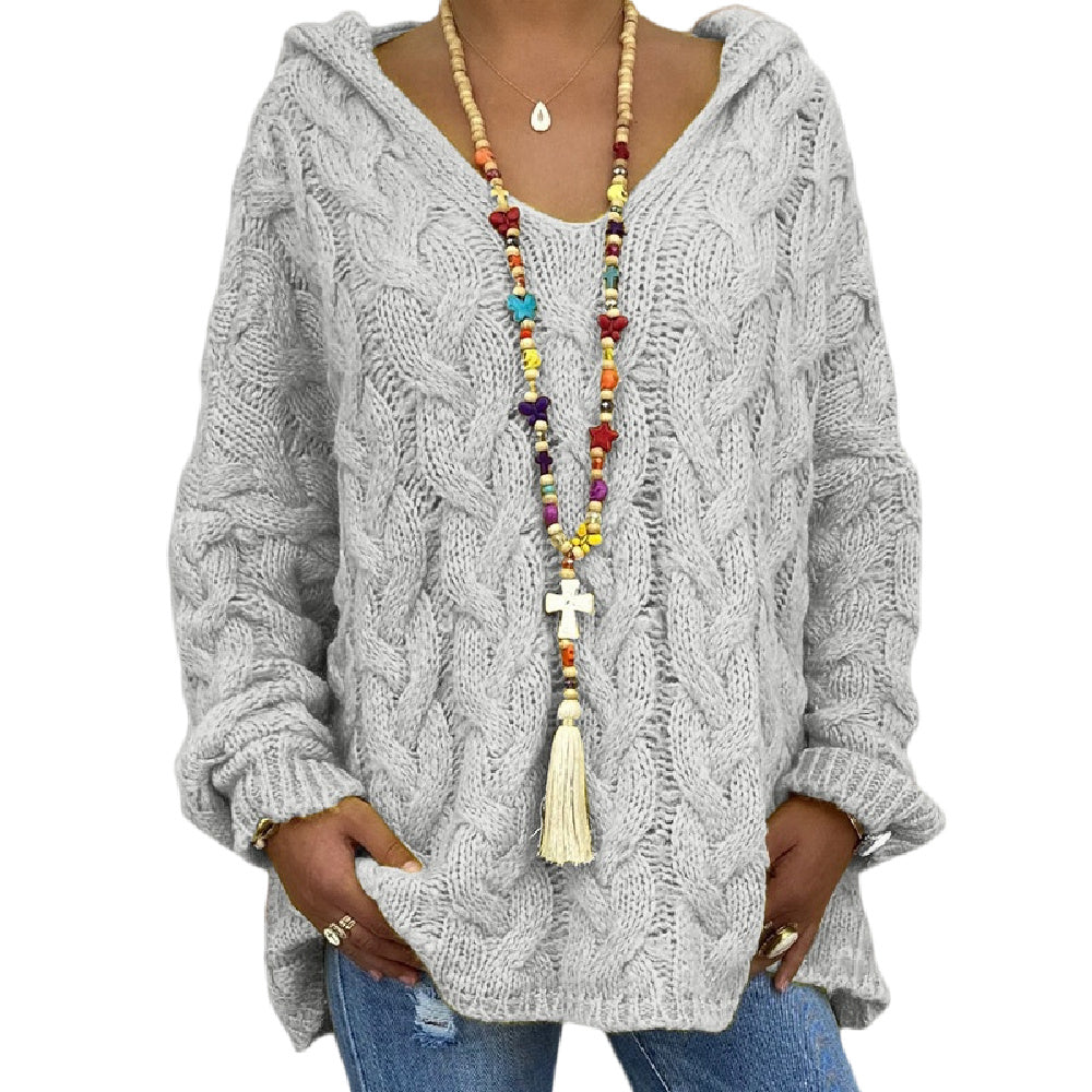 Women's Twist Knit Hoodie Sweater Pullover V Neck Knit Sweatshirt