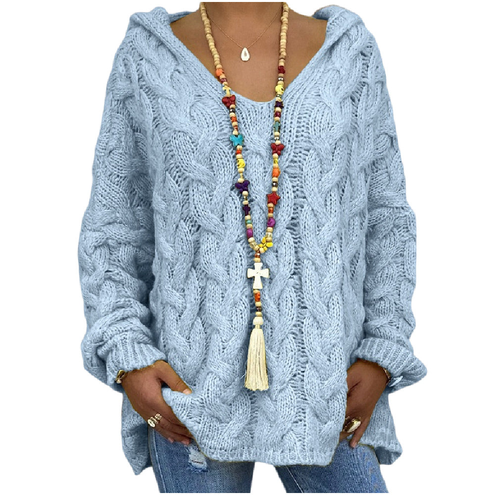 Women's Twist Knit Hoodie Sweater Pullover V Neck Knit Sweatshirt