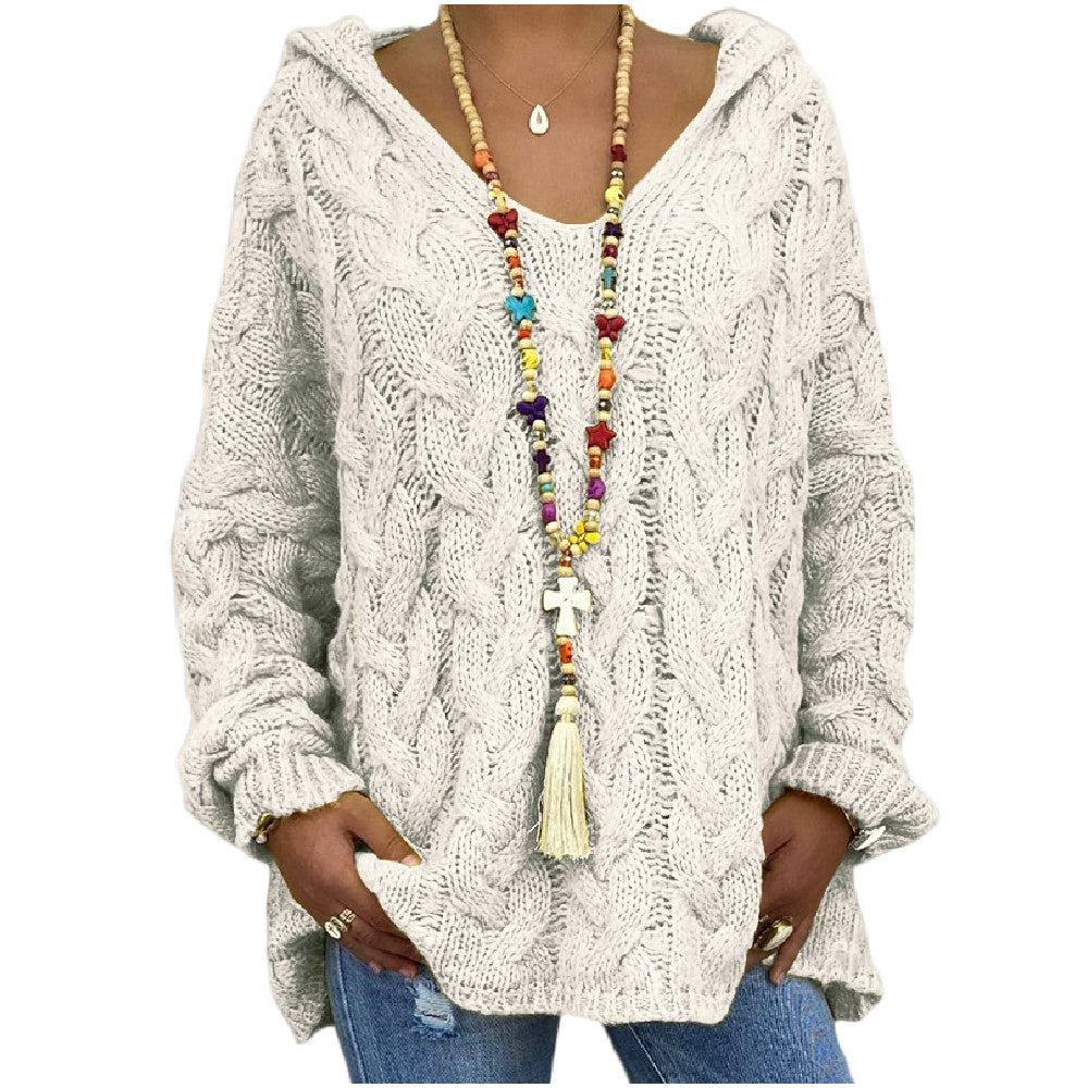 Women's Twist Knit Hoodie Sweater Pullover V Neck Knit Sweatshirt
